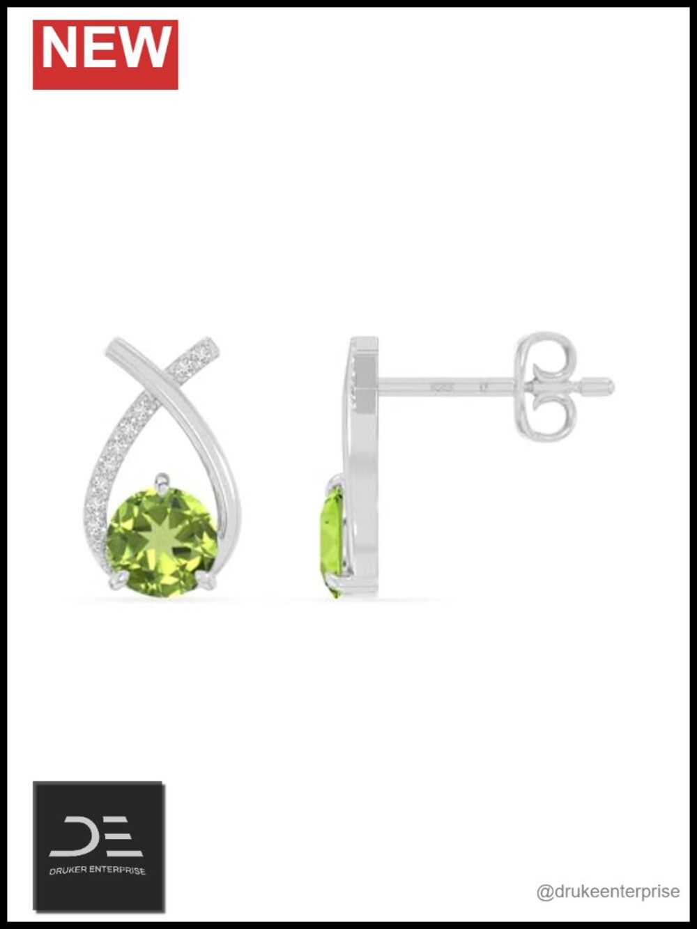Natural Peridot & Moissanite Stud Earrings in Sterling Silver